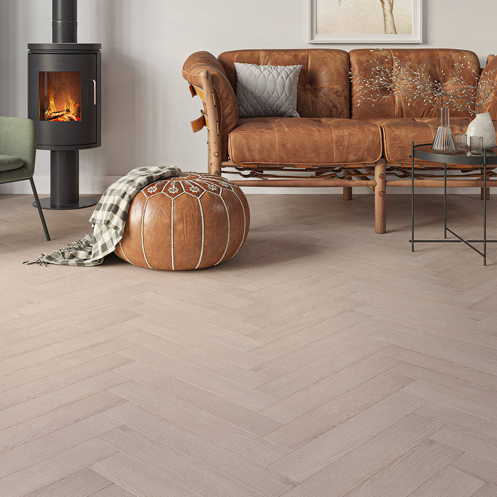 Misty grey herringbone laminate flooring