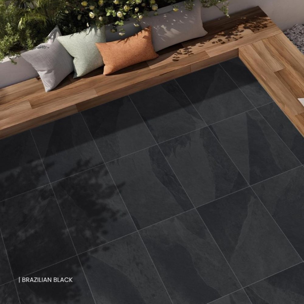 Brazilian black outdoor porcelain tiles in a modern patio setting