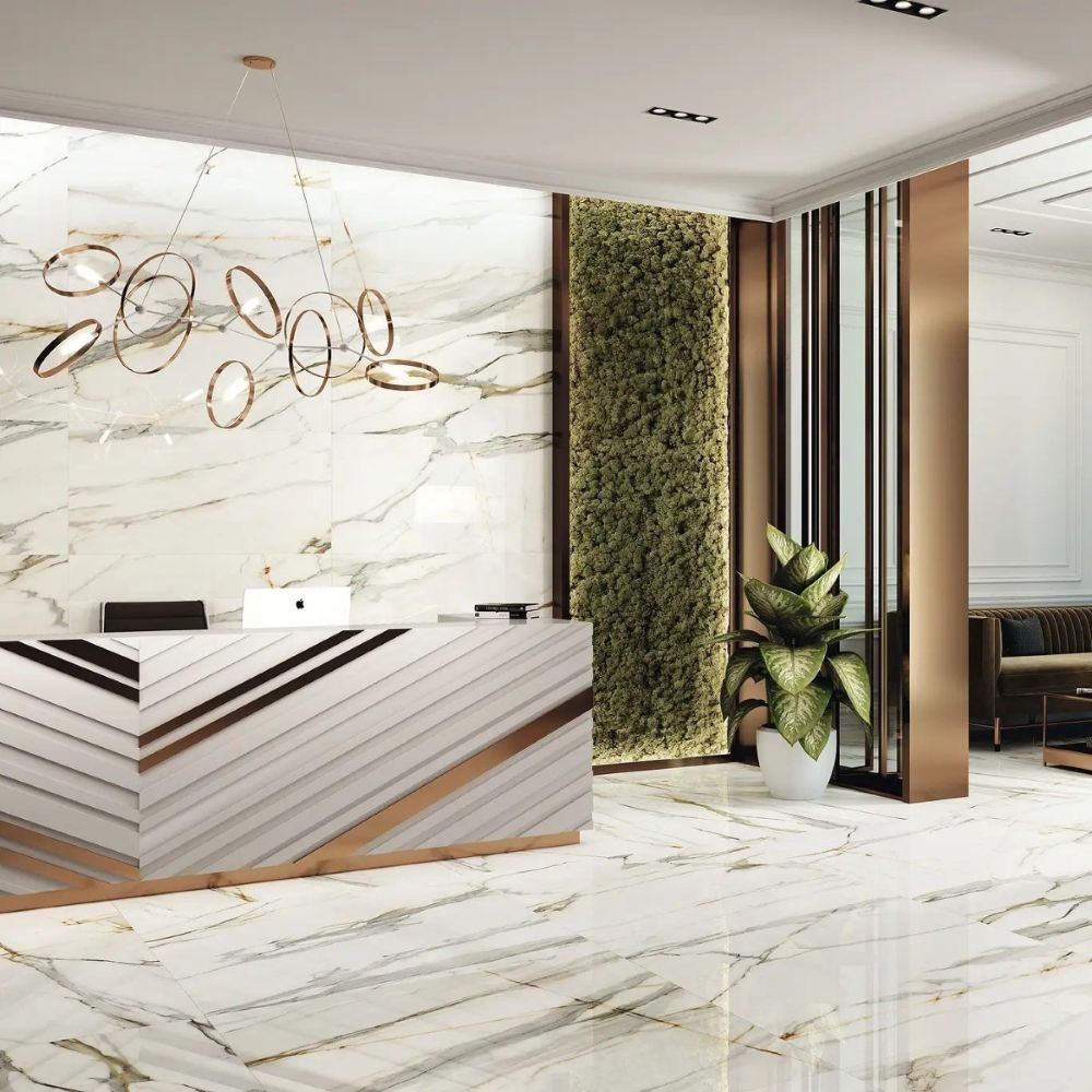 Glossy marble-effect ceramic tiles in a luxurious bathroom