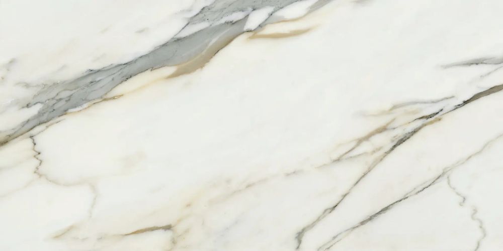 Marble-effect ceramic tiles with grey and gold veining