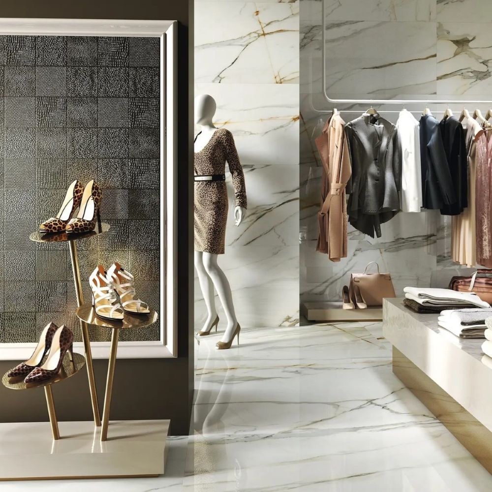 Calacatta Borghini marble effect tiles with grey and gold veining