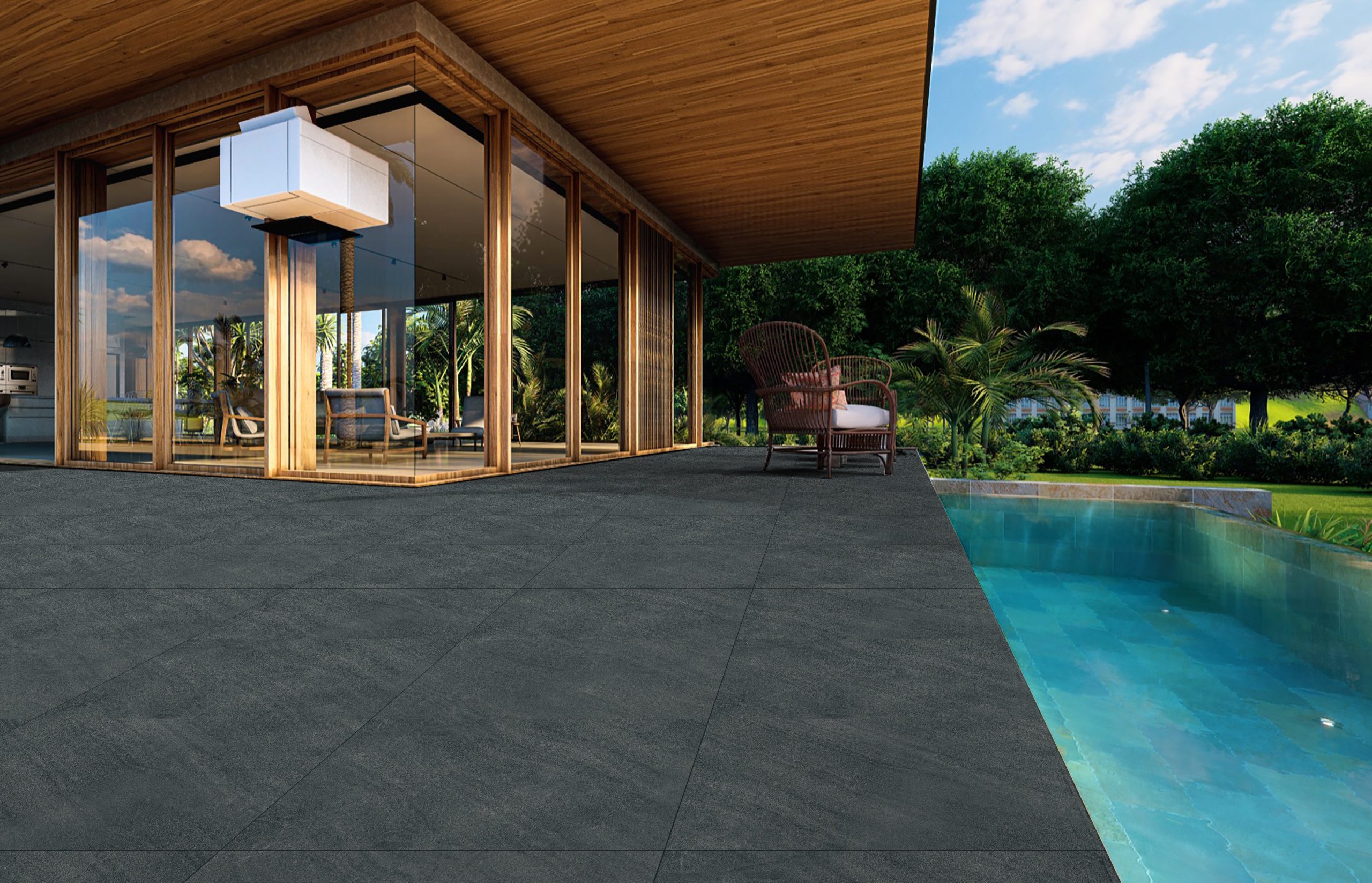 Outdoor porcelain tiles on a modern black patio