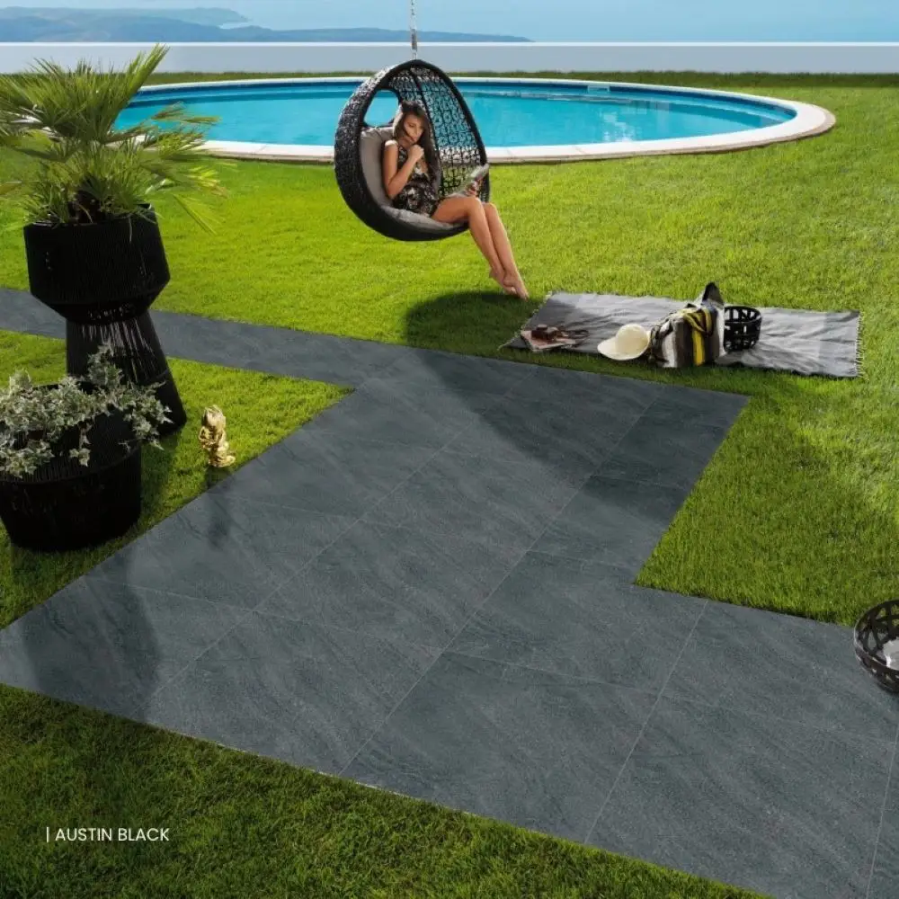 Austin black outdoor porcelain tile on patio