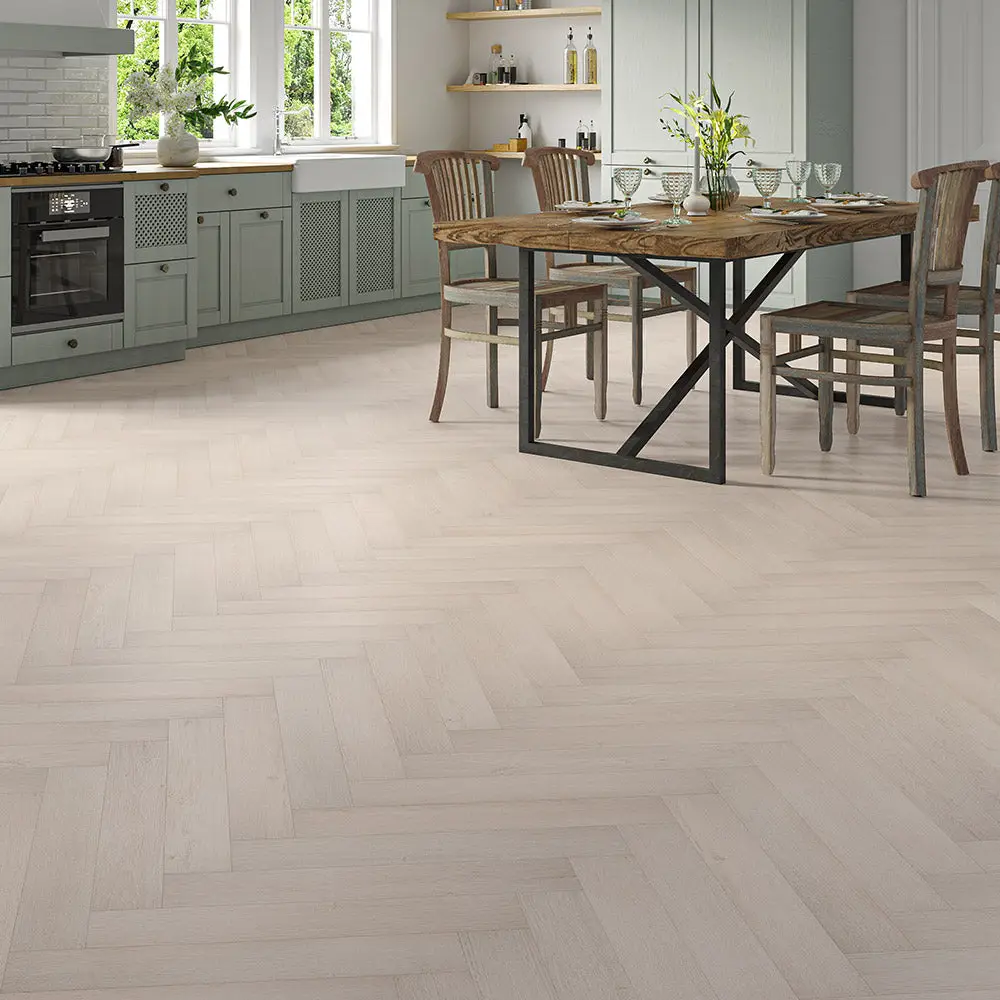 Silver herringbone laminate oak flooring in a modern living room