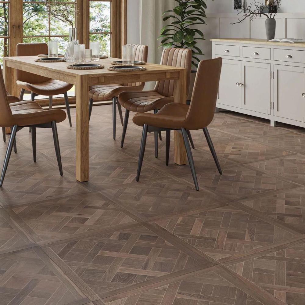 Versailles parquet panels in grey oak with brushed UV oiled finish