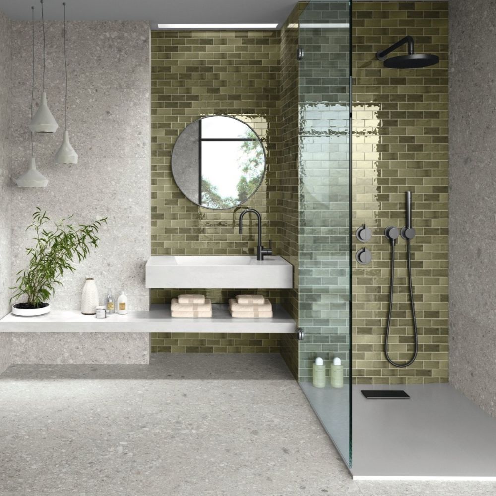 Terrazzo effect grey porcelain bathroom floor tile