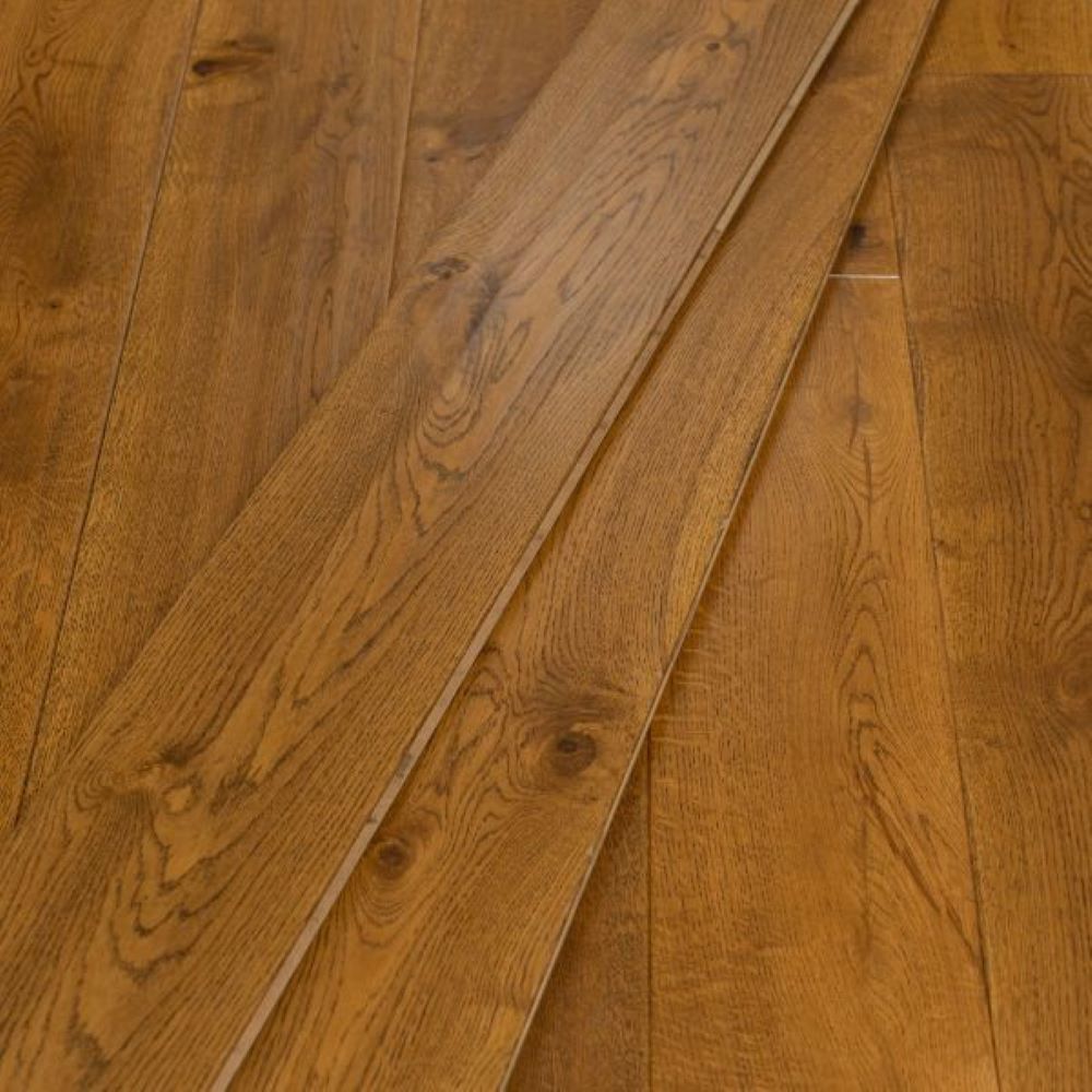 Golden lacquered engineered oak flooring