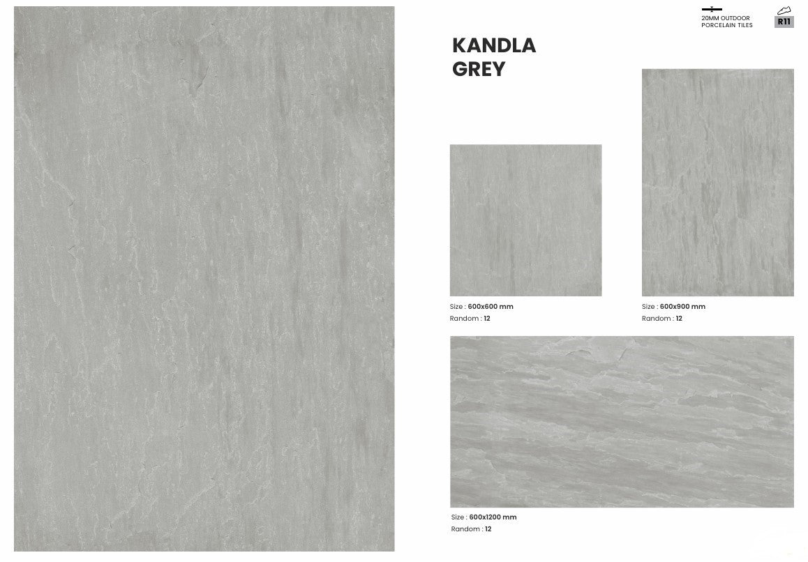 Kandla grey outdoor porcelain tiles in different sizes