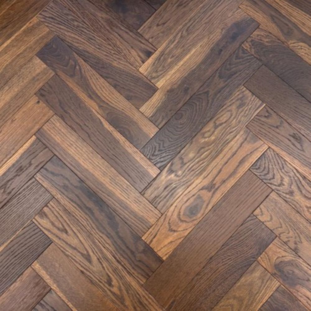 Smoked herringbone parquet oak floor in a living space