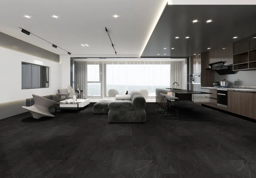 Grey-toned flooring paired with modern finishes