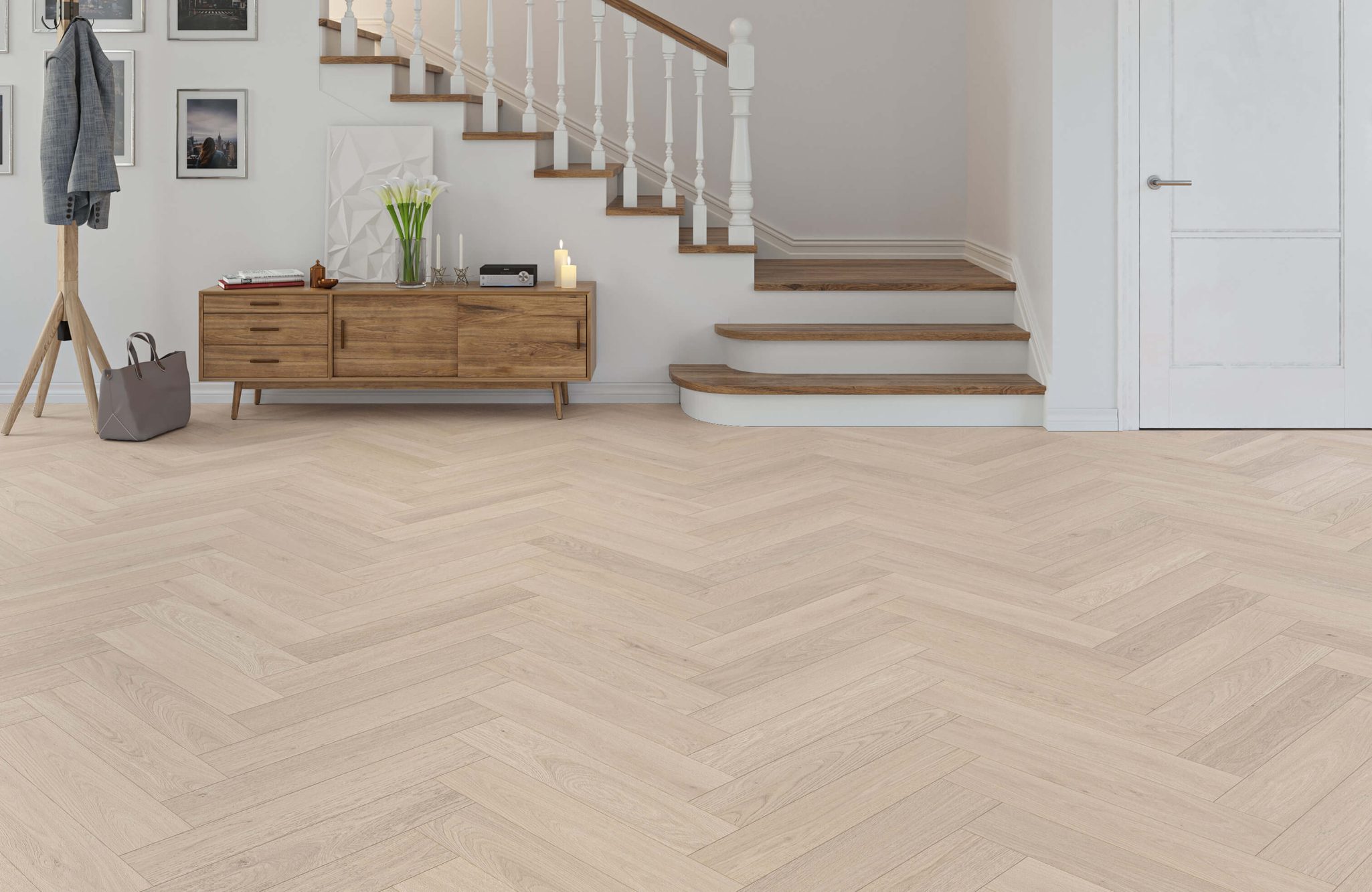 Warm wood tone flooring in a bright elegant interior