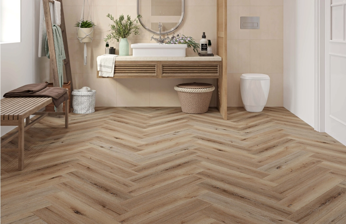 Herringbone or chevron flooring pattern in a warm premium interior