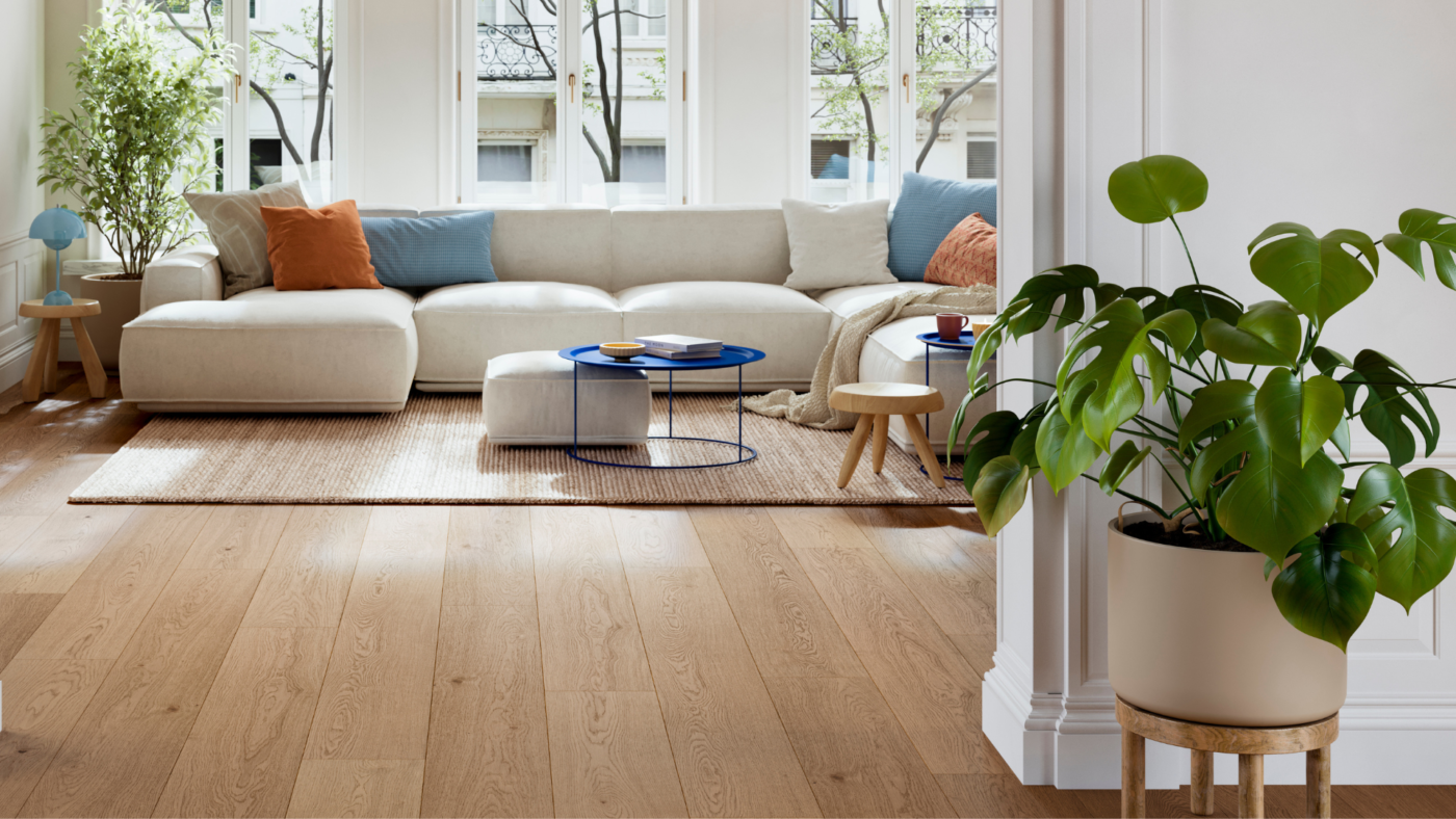 Wide plank flooring in a modern open-plan interior
