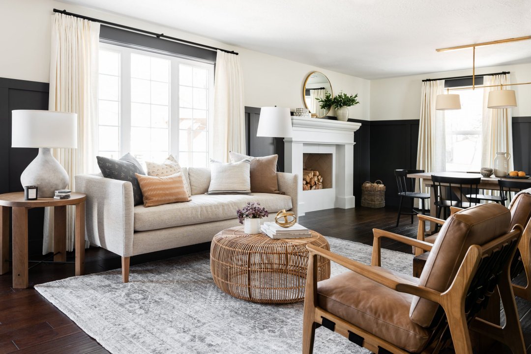 Wide plank flooring in a calm and elegant home interior