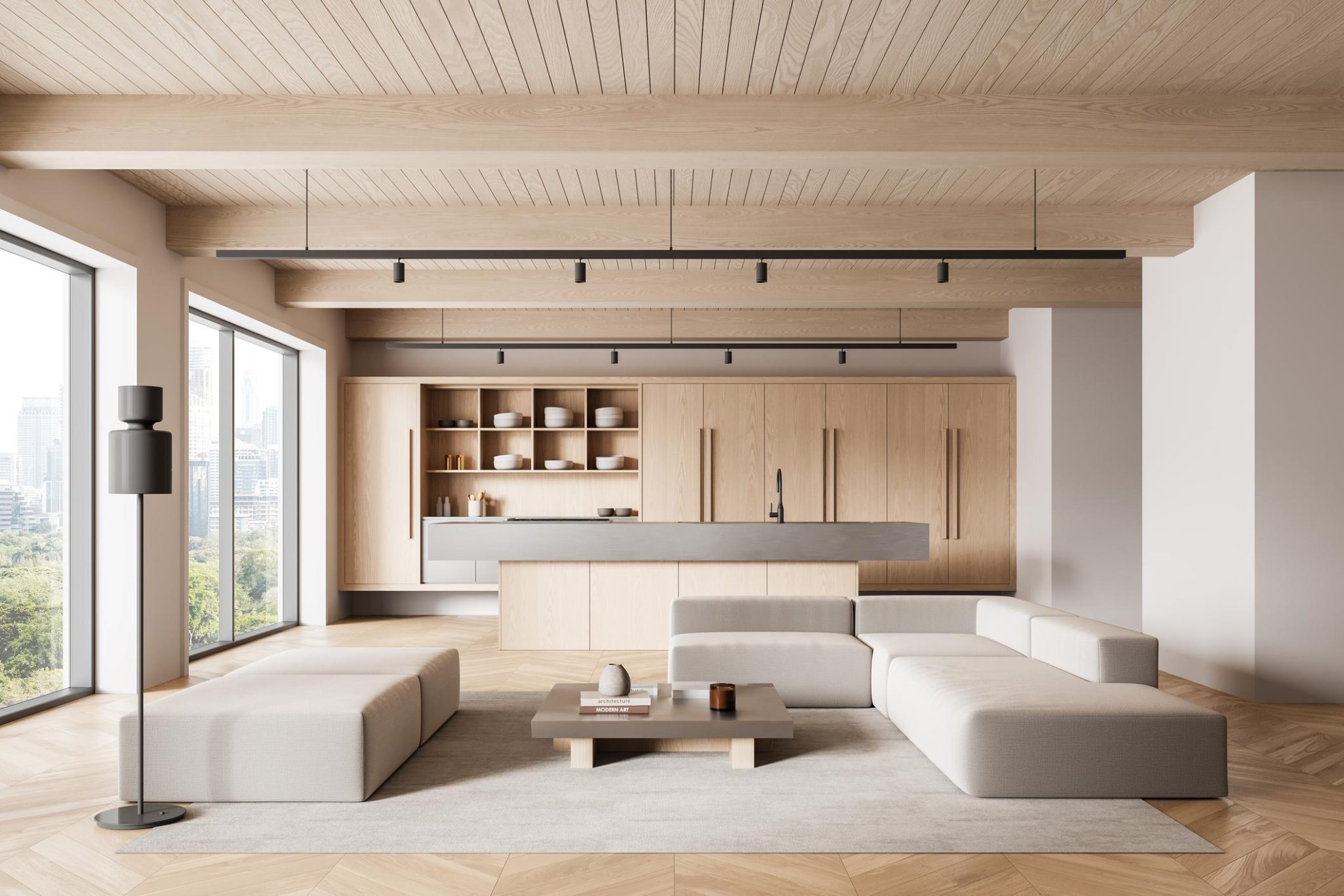 Elegant herringbone flooring in a refined interior setting