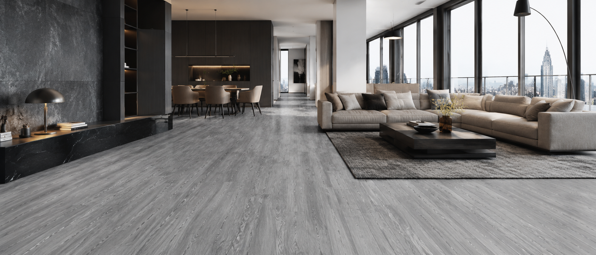Grey laminate flooring in a bright and modern UK living room interior