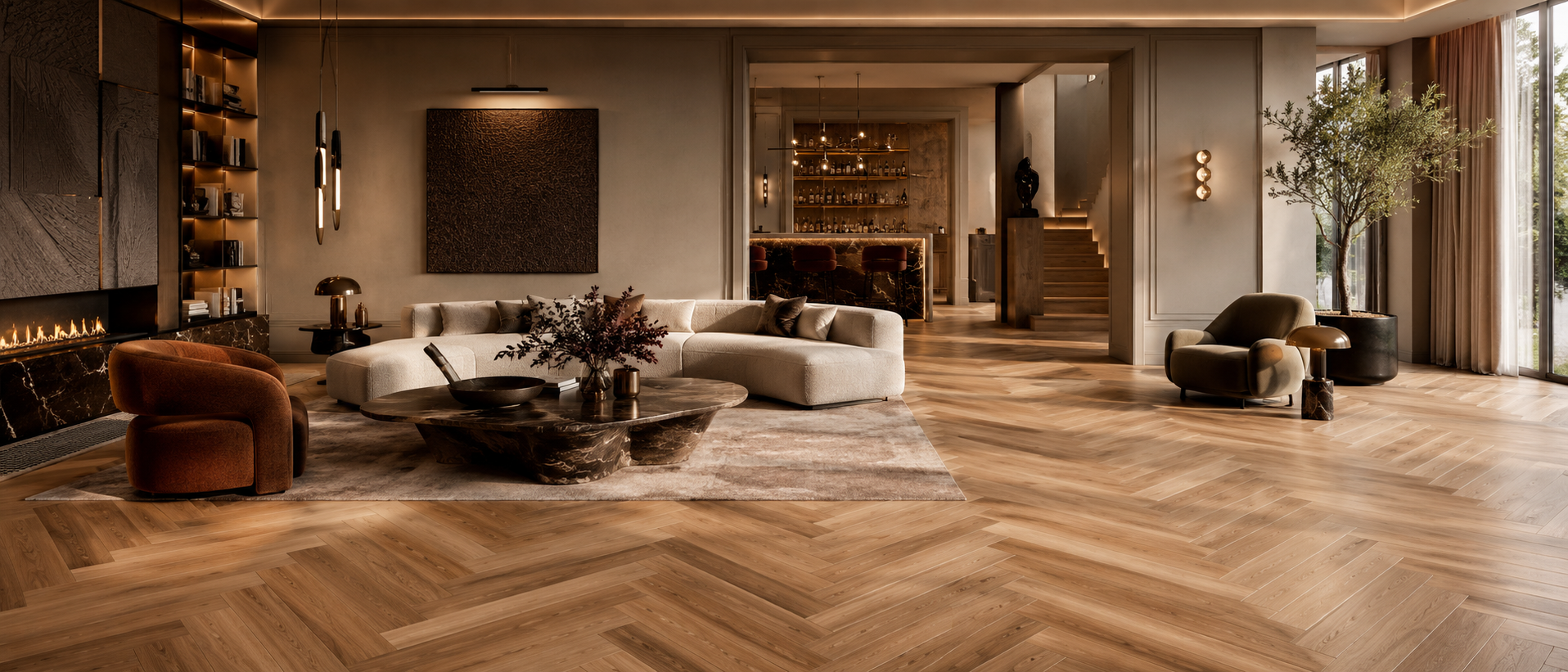 Herringbone wood parquet flooring in a stylish hallway and open-plan interior