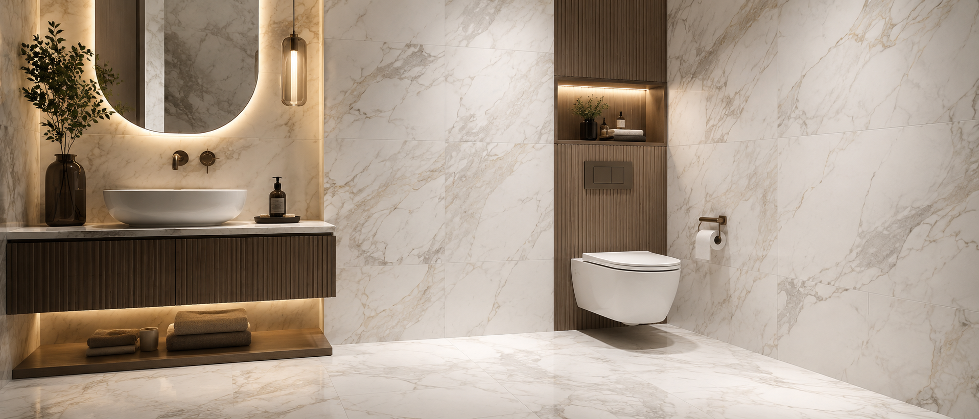 Marble effect porcelain tiles in a premium bathroom and kitchen interior