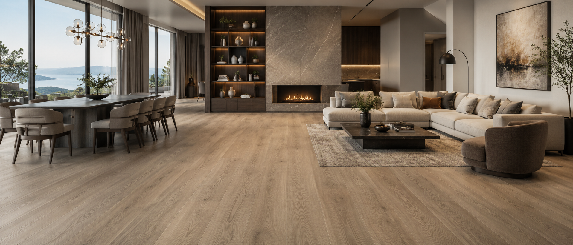 Luxury rigid vinyl LVT flooring in a contemporary kitchen and open-plan living space