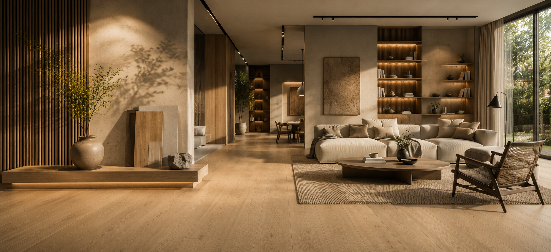 Natural oak engineered wood flooring in a bright, modern living room interior